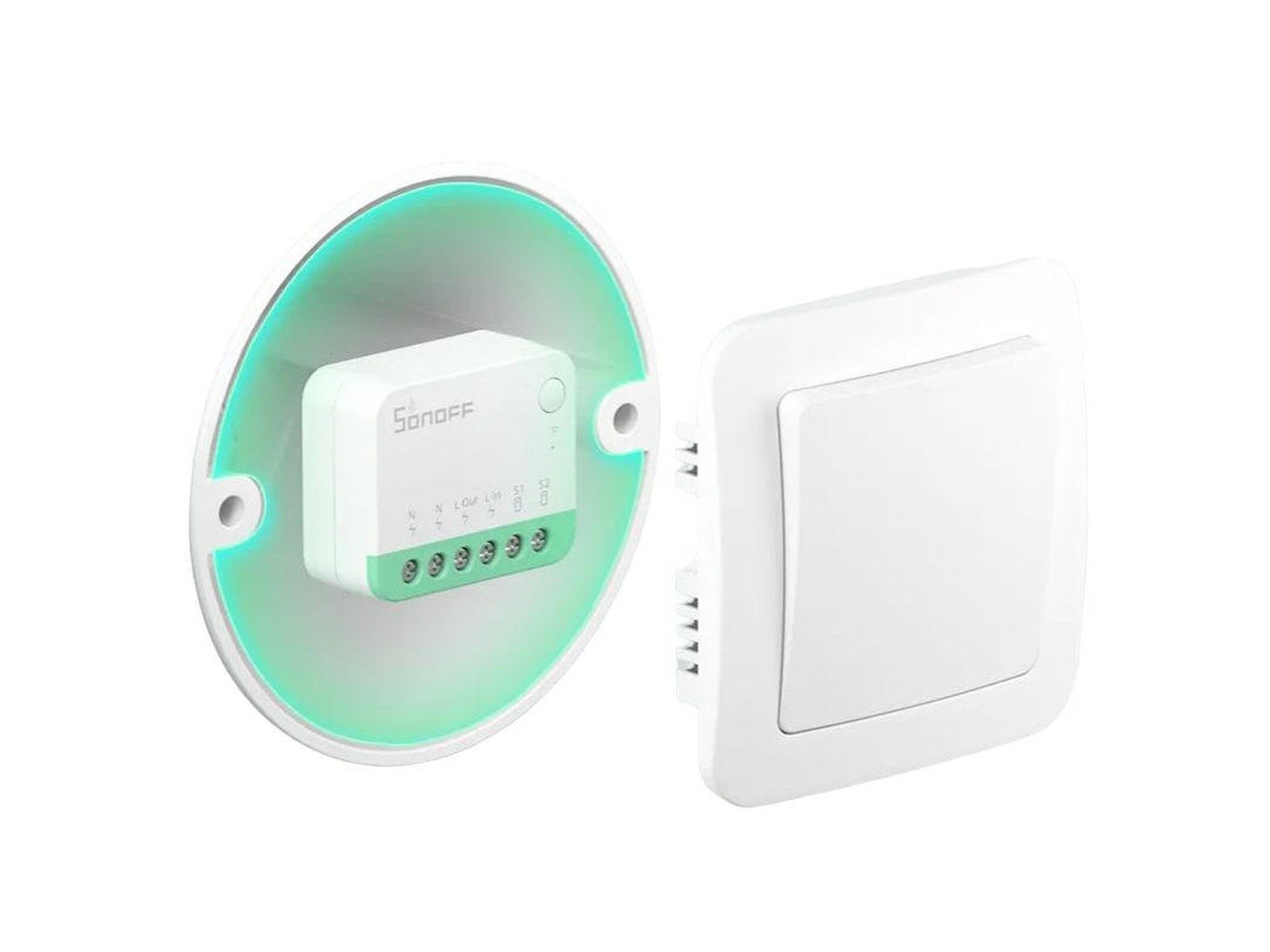 Relé Sonoff MINI R4 o Shelly 1PM detrás del interruptor